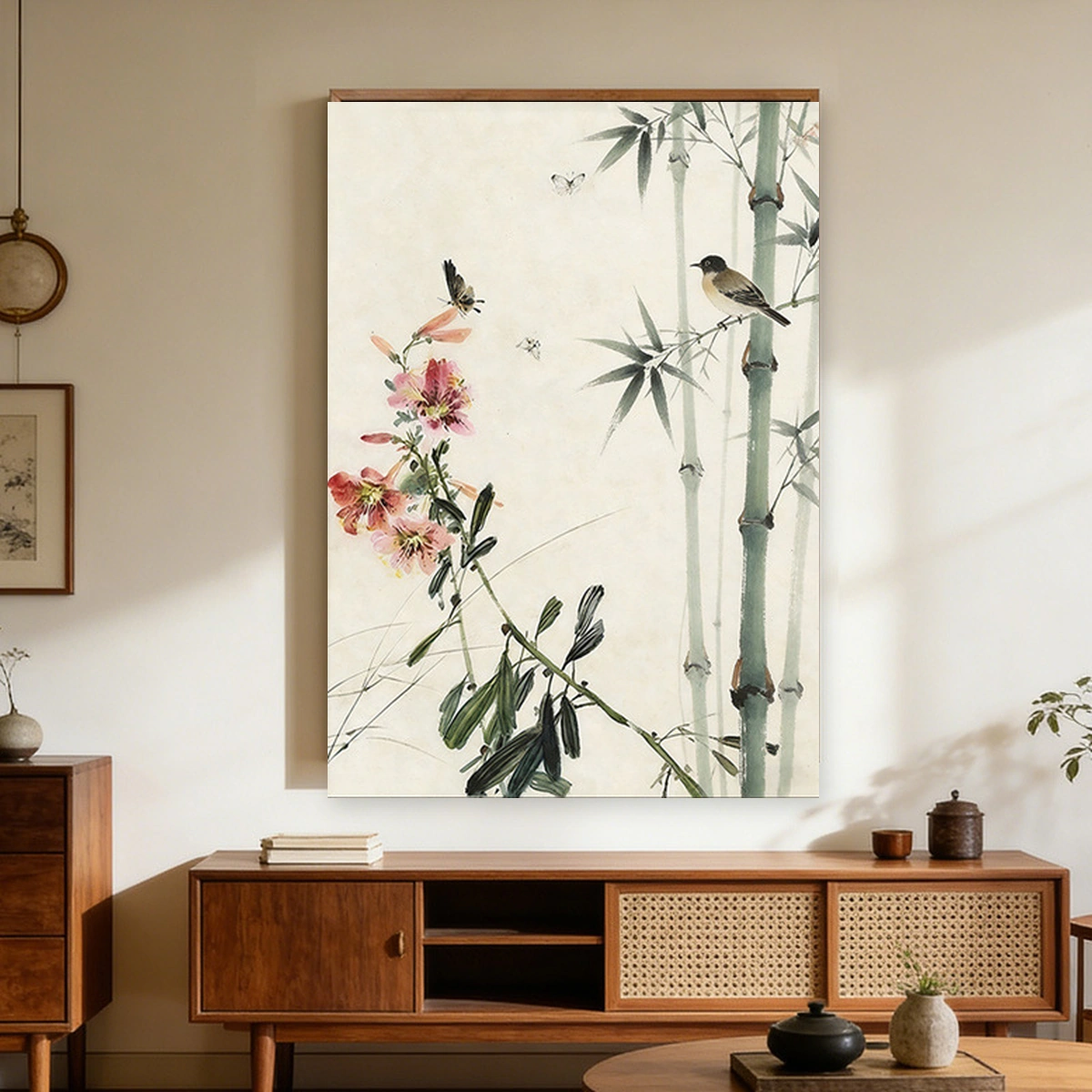 Bamboo Stillness bamboo oil painting displayed unframed above a console table