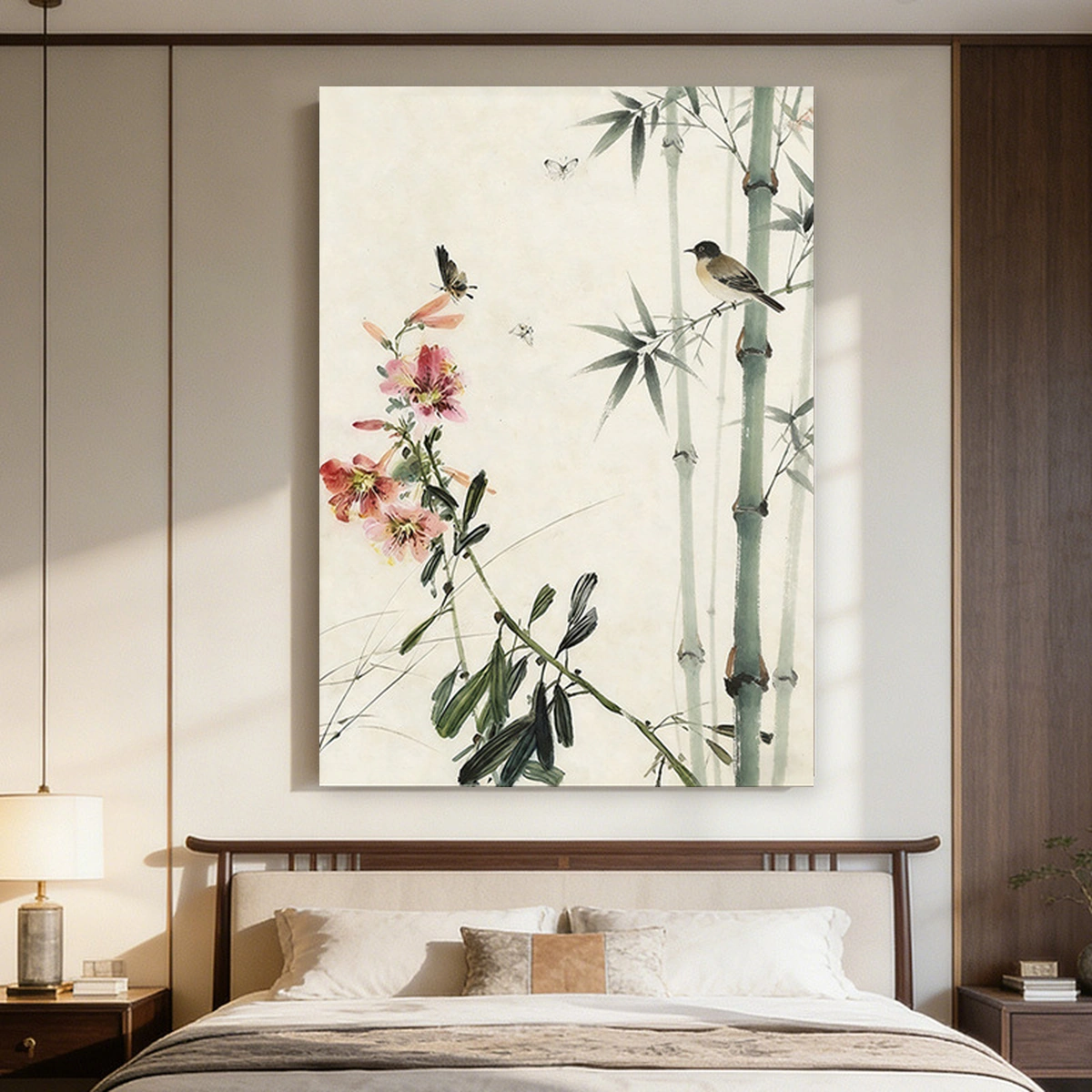 Bamboo Stillness bamboo oil painting displayed unframed above a bed