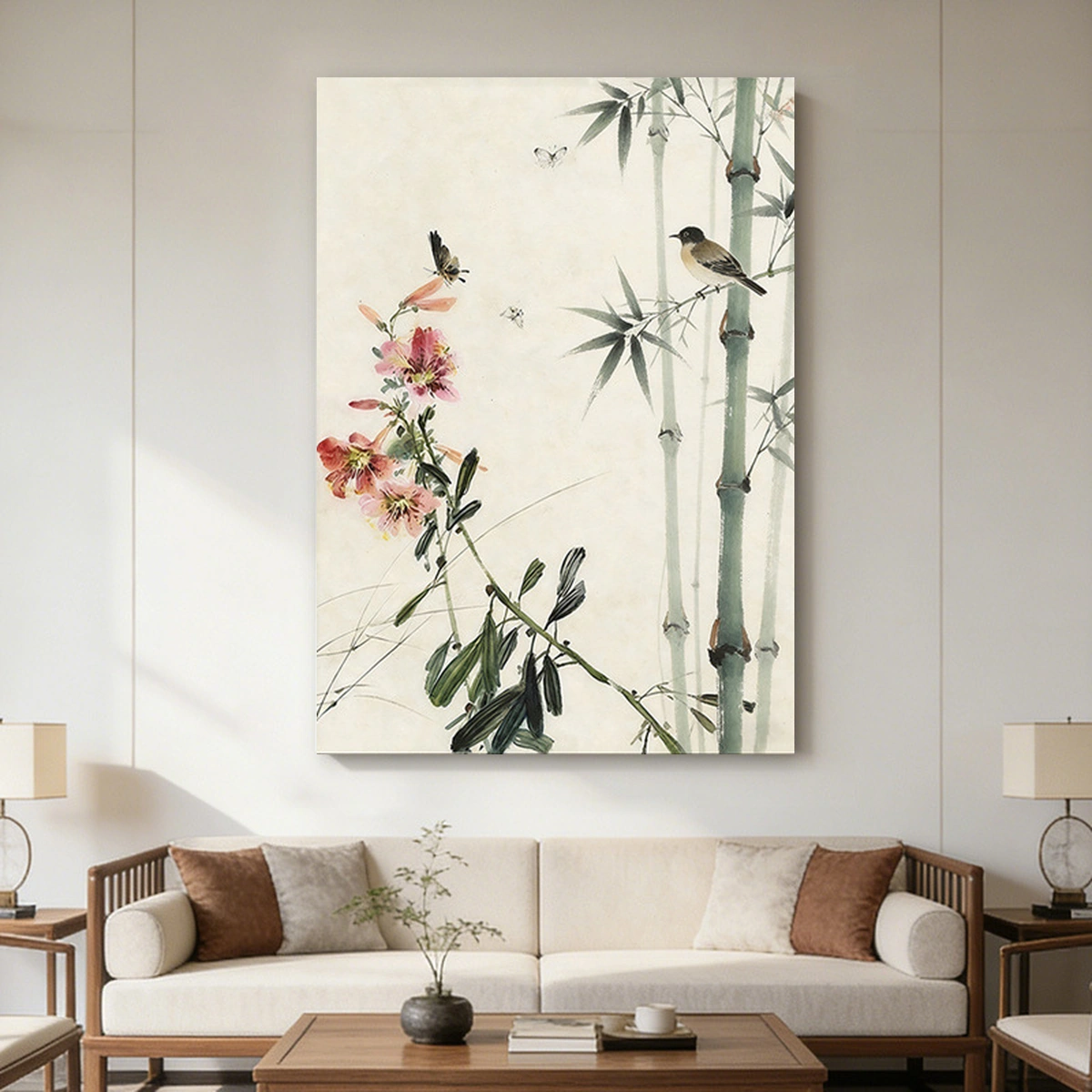 Bamboo Stillness bamboo oil painting displayed unframed above a sofa