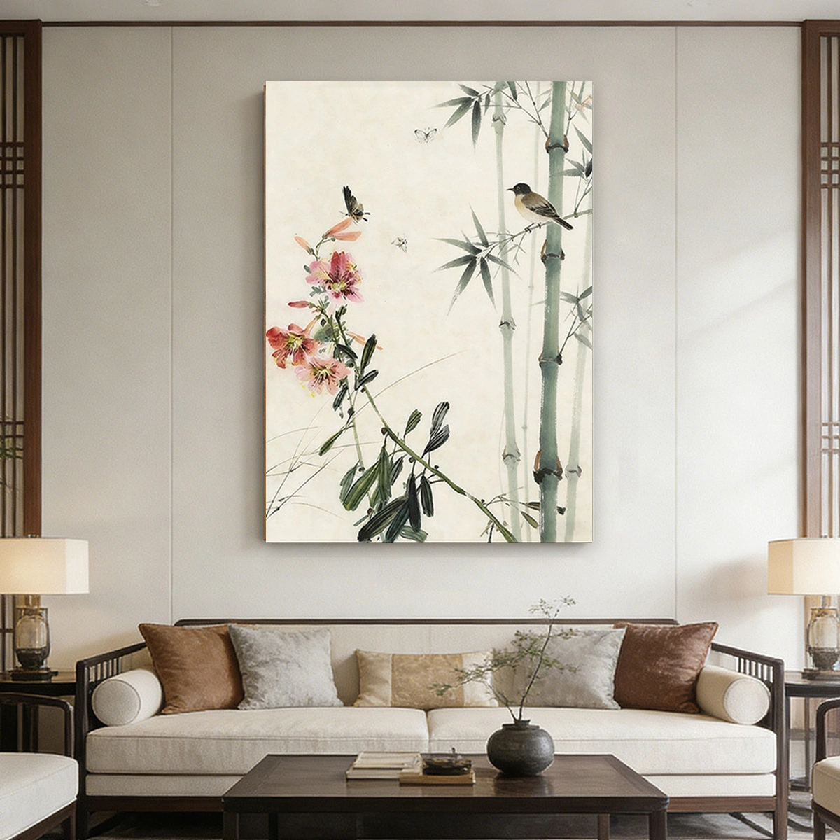 Bamboo Stillness bamboo oil painting displayed unframed in a living room