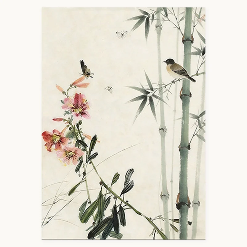 Bamboo Stillness portrait bamboo oil painting with flowers, bird and insect motifs