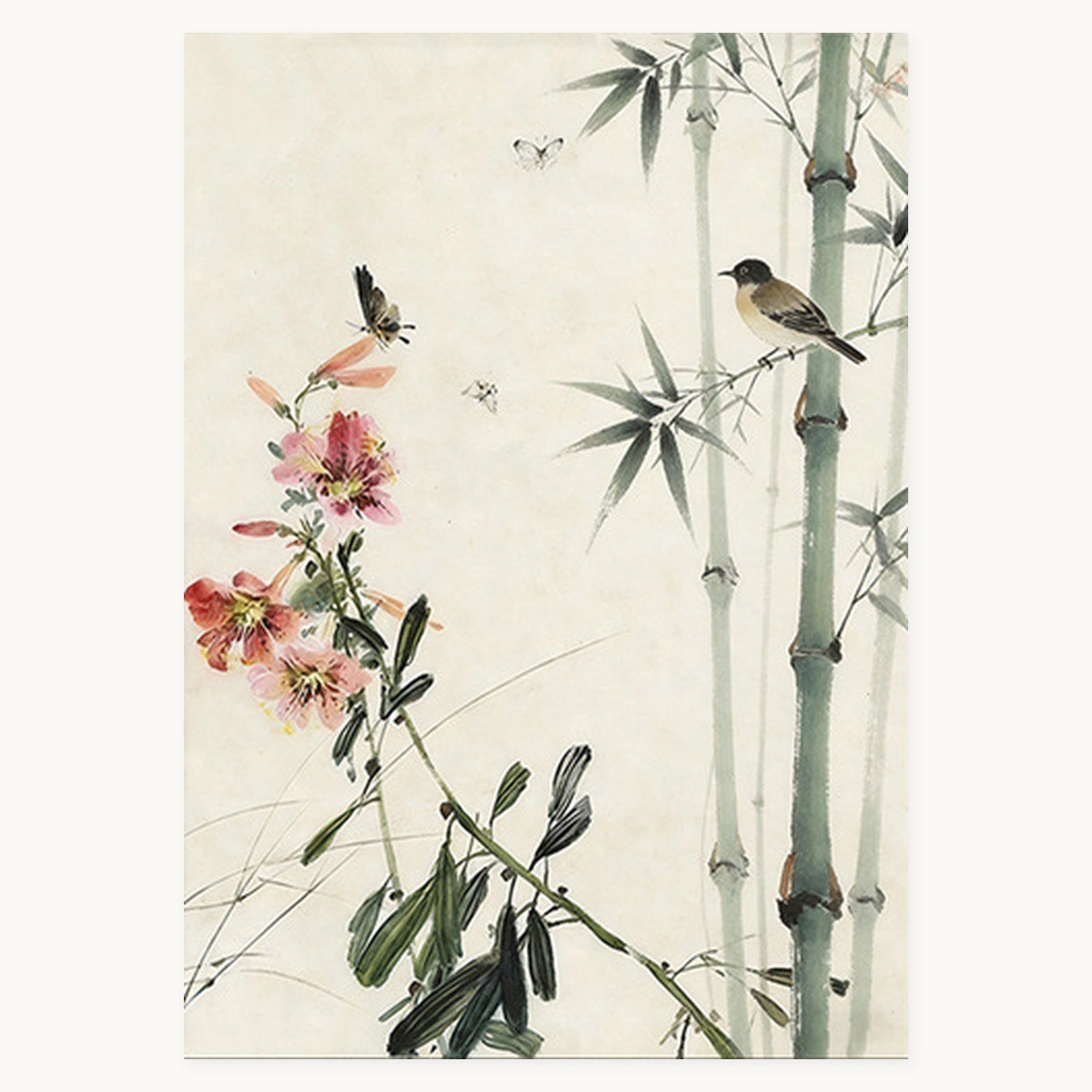 Bamboo Stillness portrait bamboo oil painting with flowers, bird and insect motifs