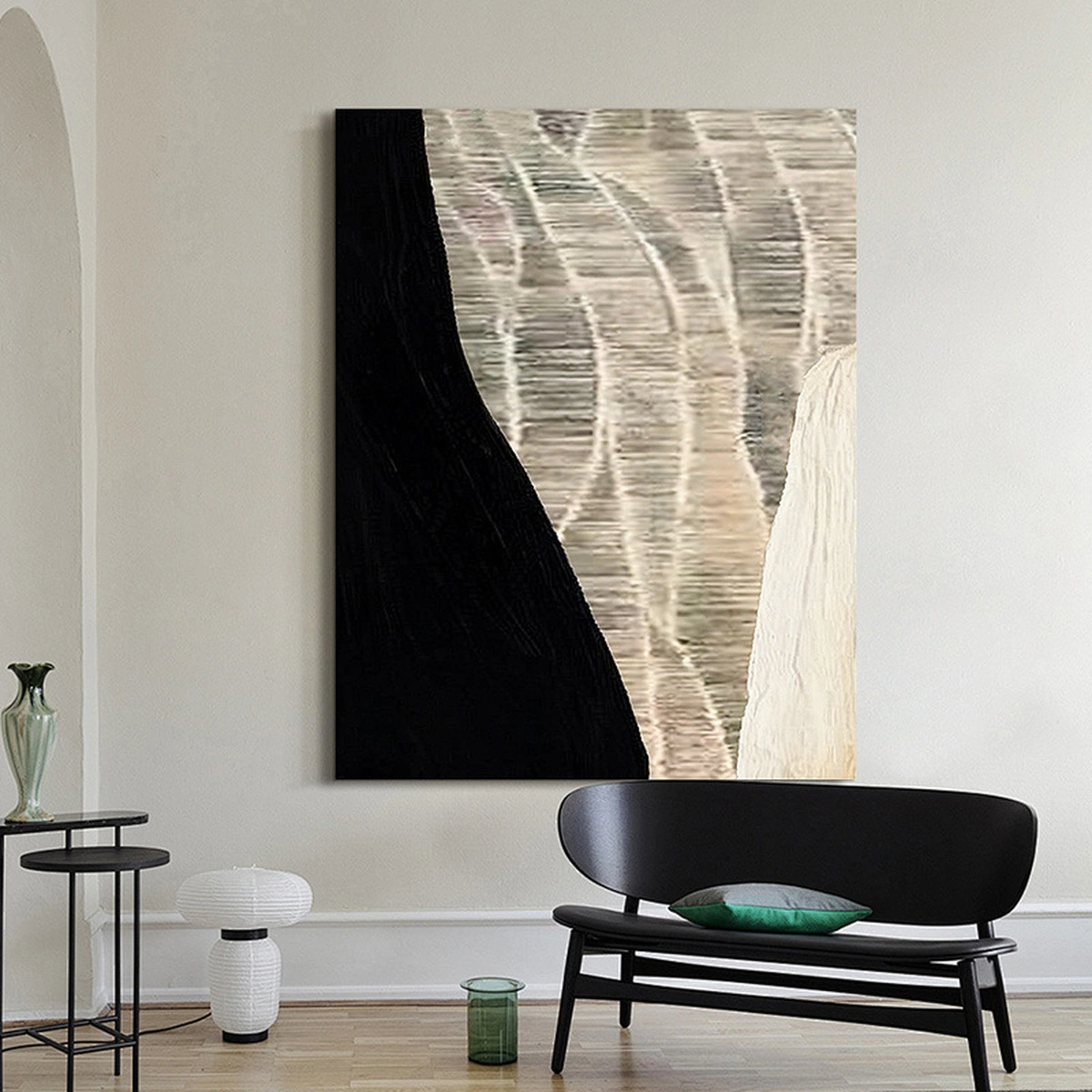 Bare Essence portrait abstract painting displayed unframed above a black bench