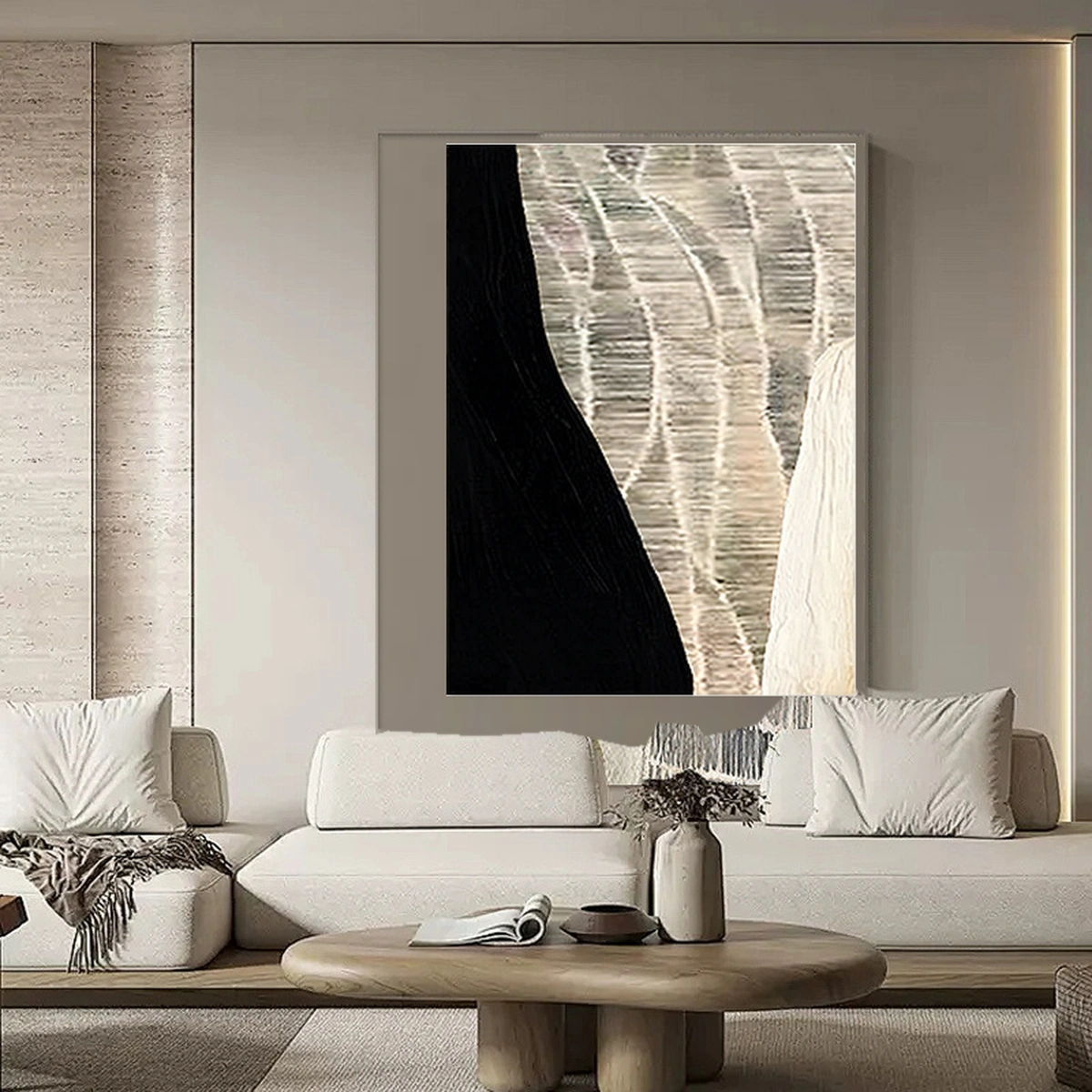 Bare Essence portrait abstract painting displayed unframed above a light sofa