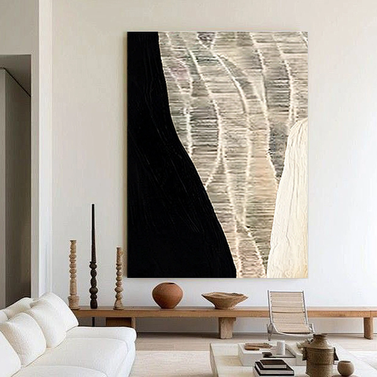 Bare Essence portrait abstract painting displayed unframed above a long console