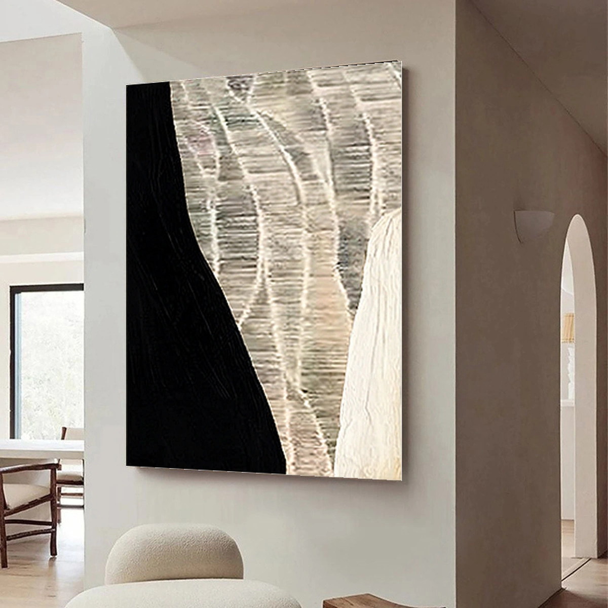 Bare Essence portrait abstract painting displayed unframed in an arched interior