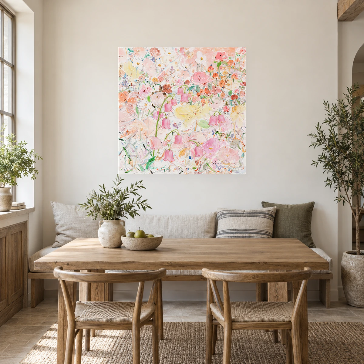 Bloom Reverie floral oil canvas displayed in a calm dining room
