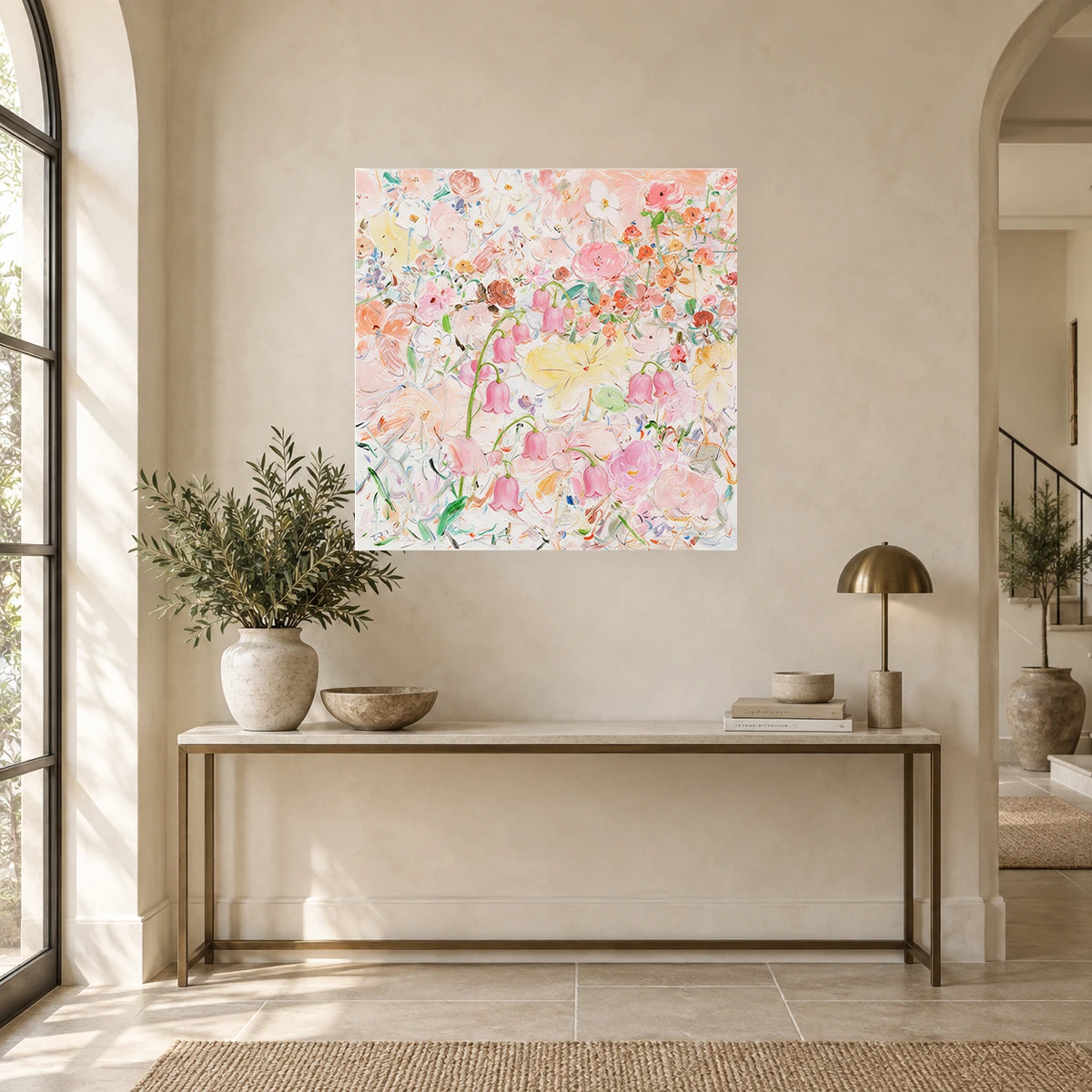 Bloom Reverie floral oil canvas displayed above an entryway console