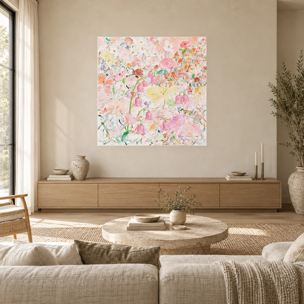 Bloom Reverie floral oil canvas displayed in a warm neutral living room