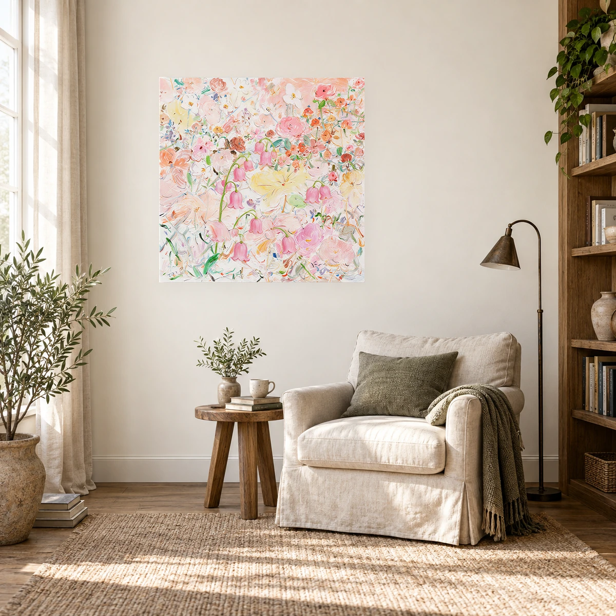Bloom Reverie floral oil canvas displayed in a quiet reading room