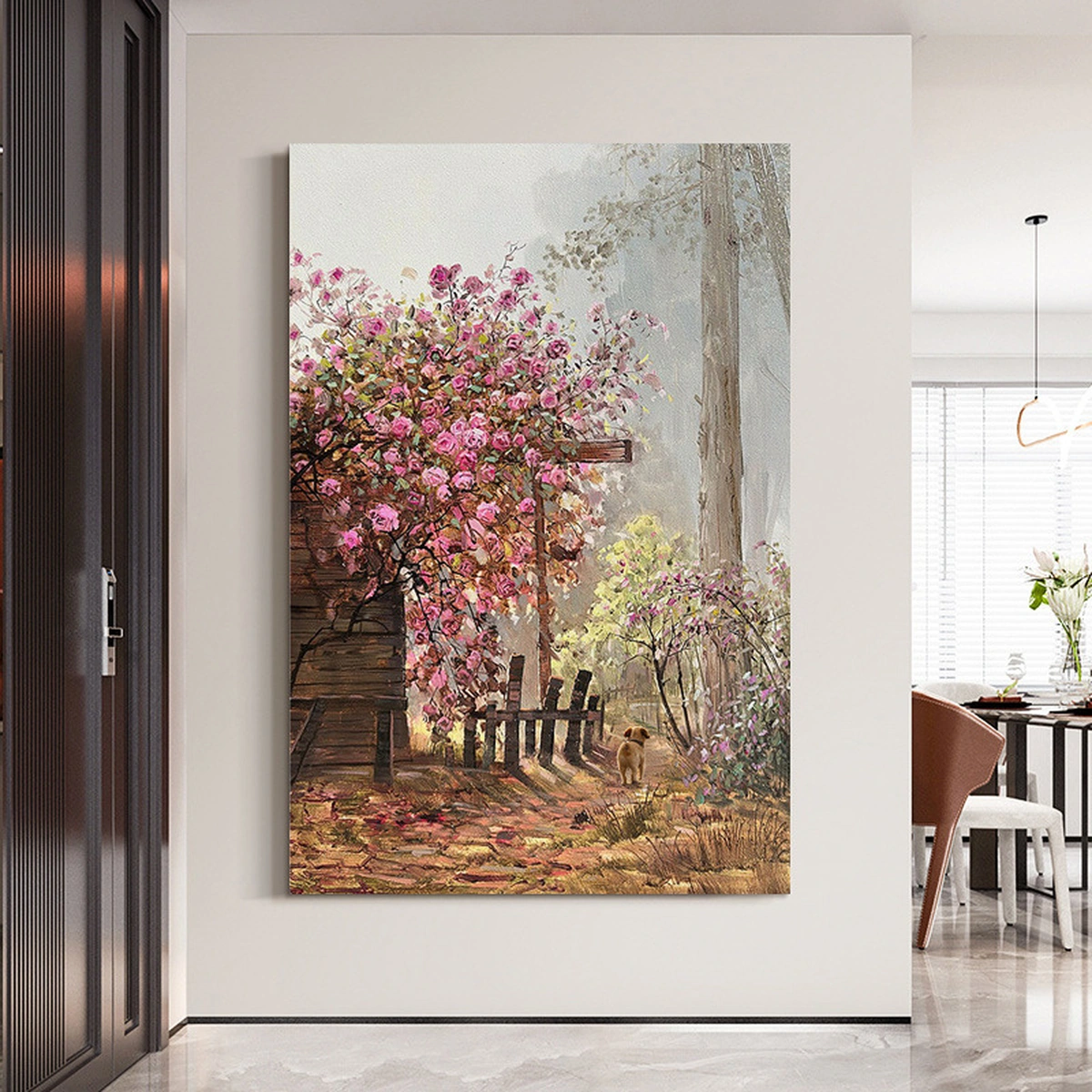 Blush Garden rose oil painting displayed unframed in a bright hallway