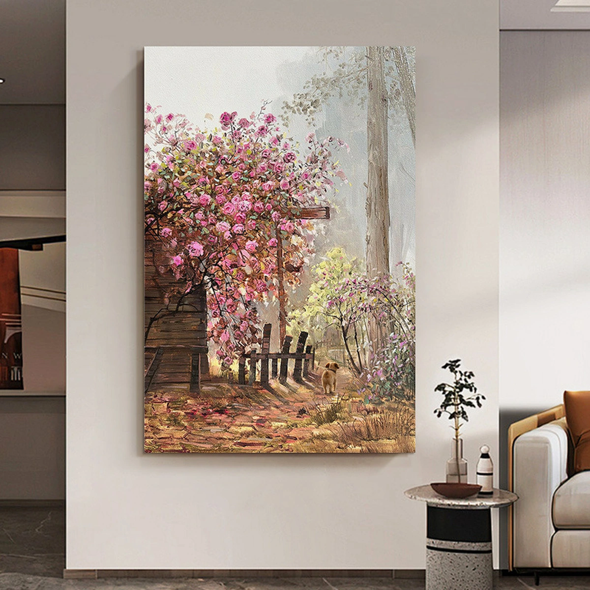 Blush Garden rose oil painting displayed unframed beside a lounge chair
