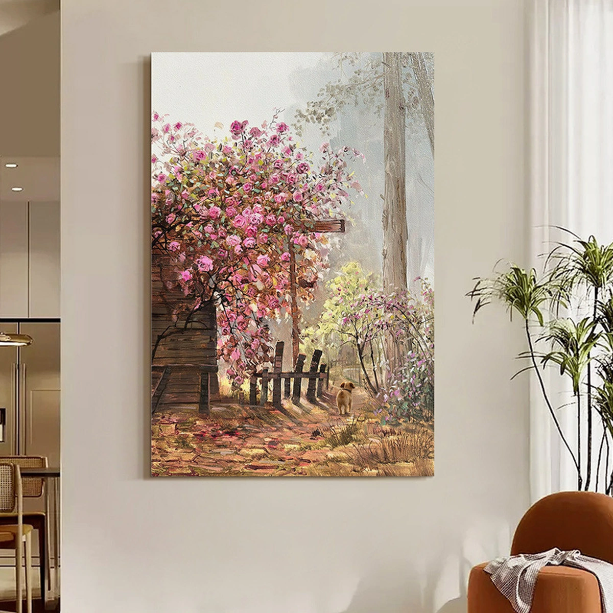 Blush Garden rose oil painting displayed unframed in a calm living space