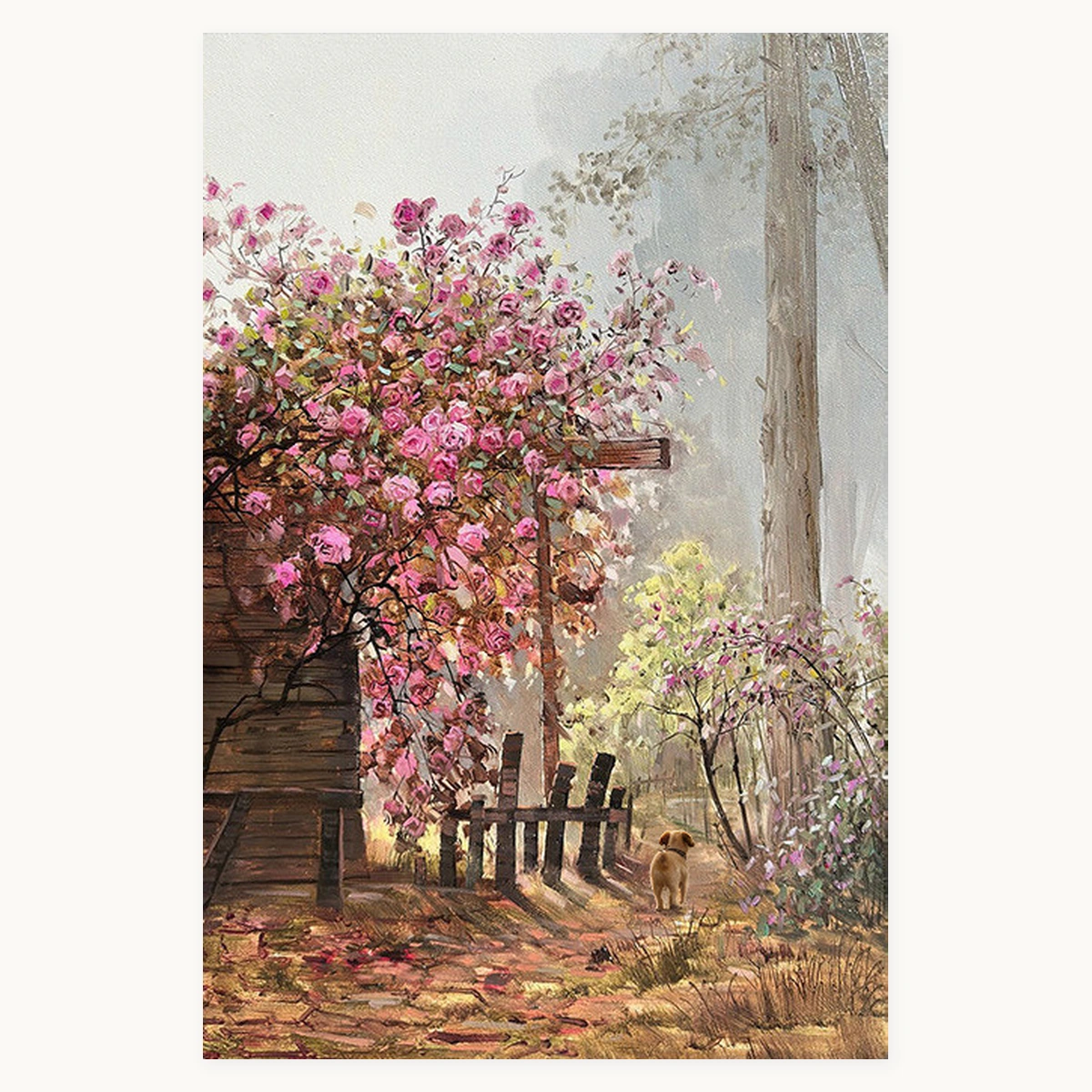 Blush Garden portrait rose oil painting with pink flowers beside a garden path