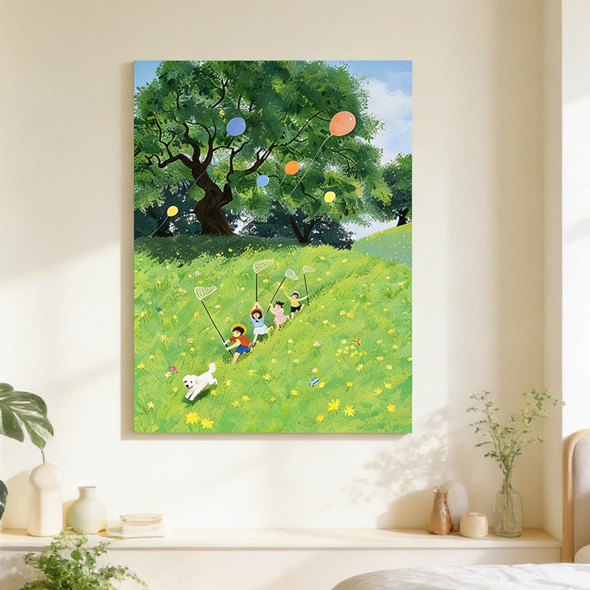 Butterfly Chase pastoral landscape oil painting displayed unframed in a bright living room