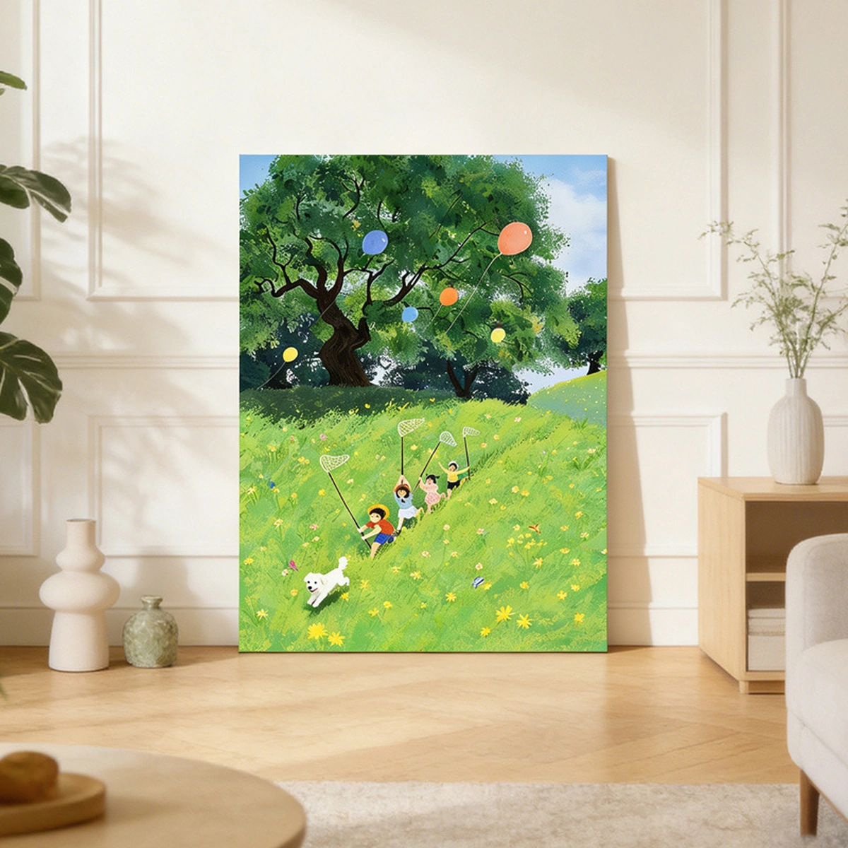 Butterfly Chase pastoral landscape oil painting displayed unframed in a light entryway