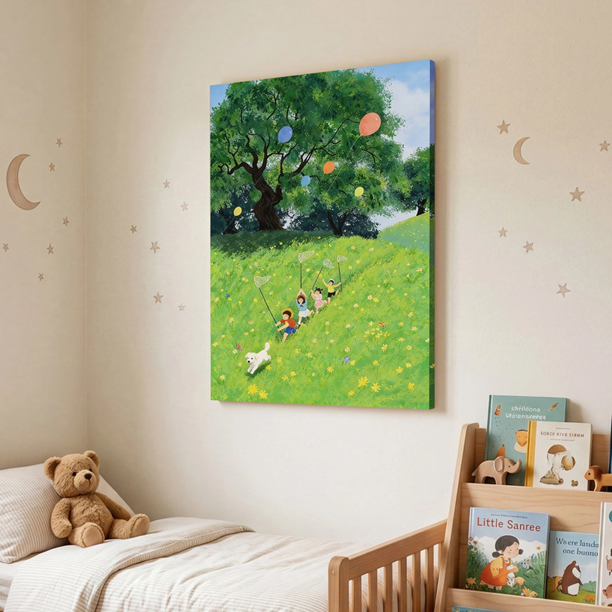 Butterfly Chase pastoral landscape oil painting displayed unframed above a bed