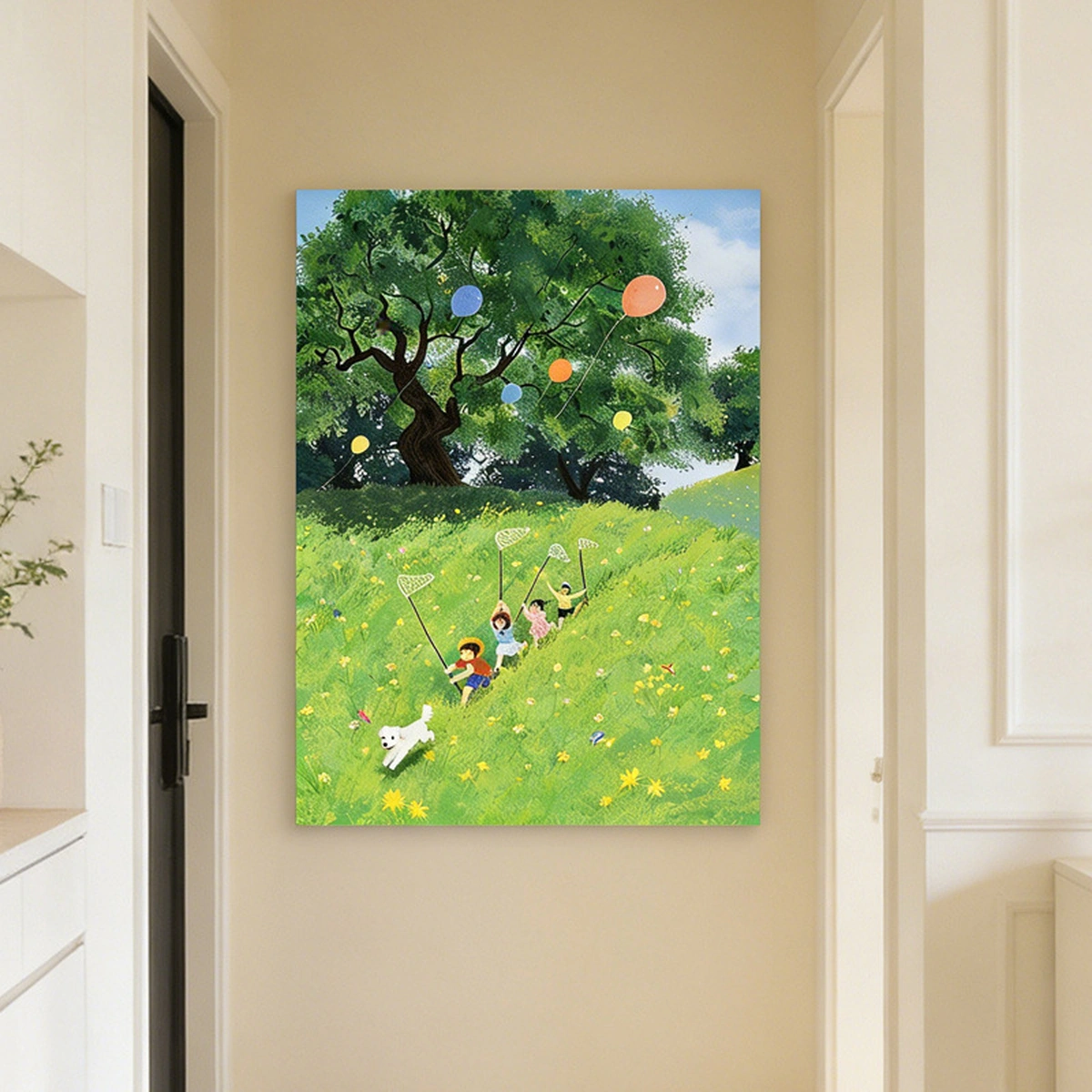 Butterfly Chase pastoral landscape oil painting displayed unframed in a hallway