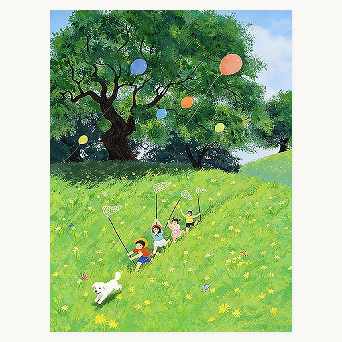 Butterfly Chase portrait pastoral landscape with children carrying butterfly nets on a green meadow
