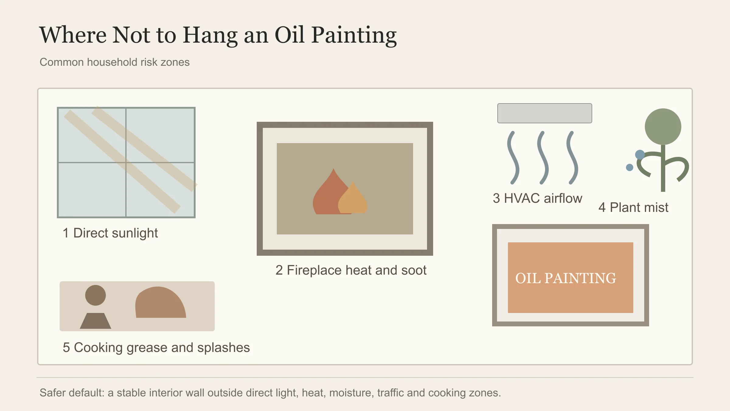 Diagram showing direct sunlight, fireplace heat, HVAC airflow, cooking grease and plant mist as risks around an oil painting