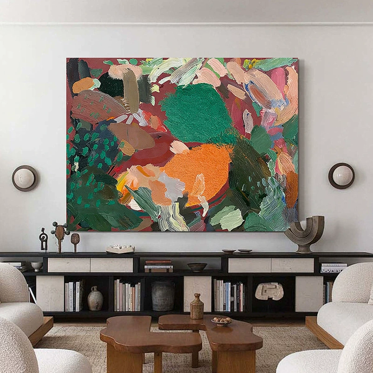 Chromatic Symphony hand-painted textured oil painting in a modern dining room