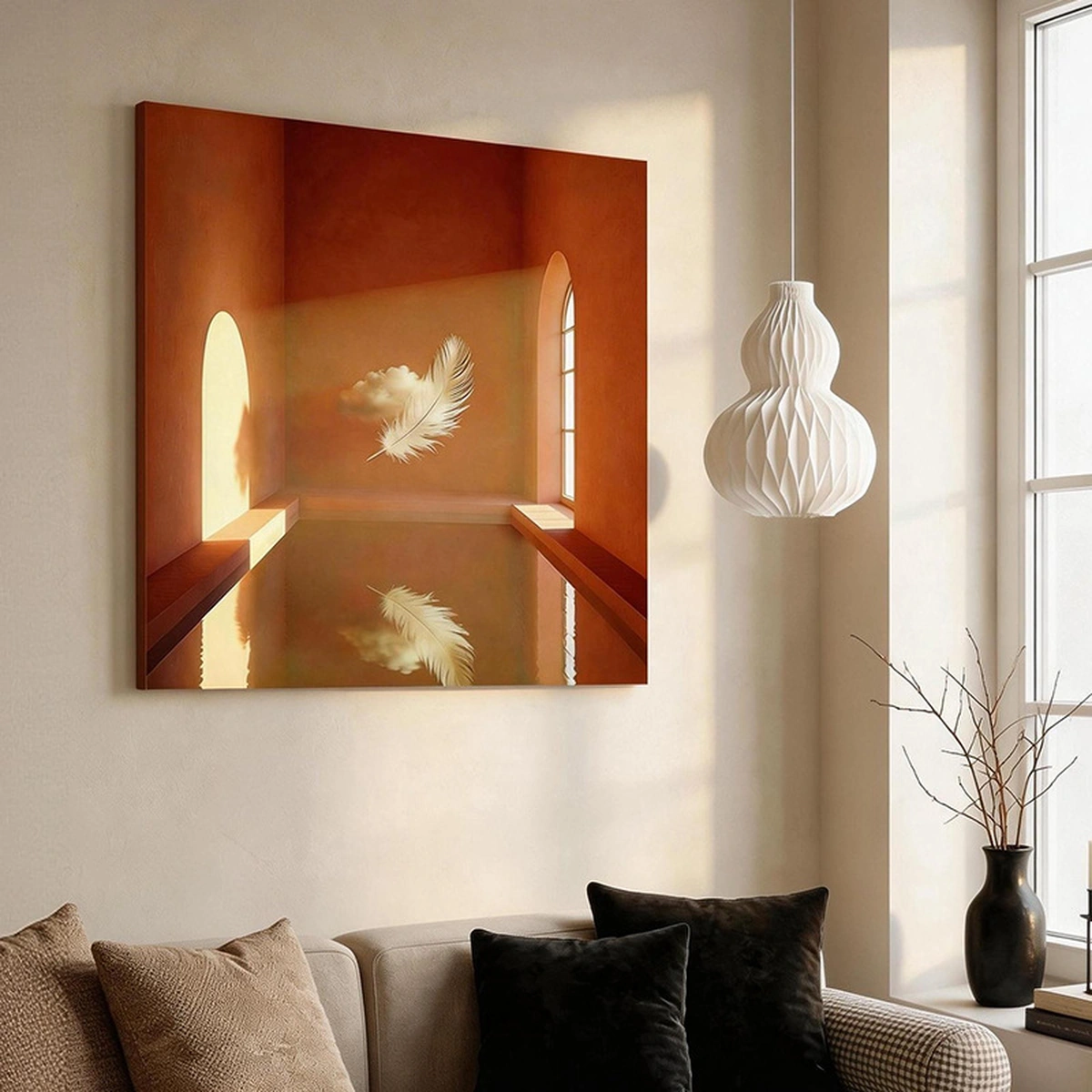 Cloud Drift modern abstract oil painting displayed unframed in a warm contemporary living room