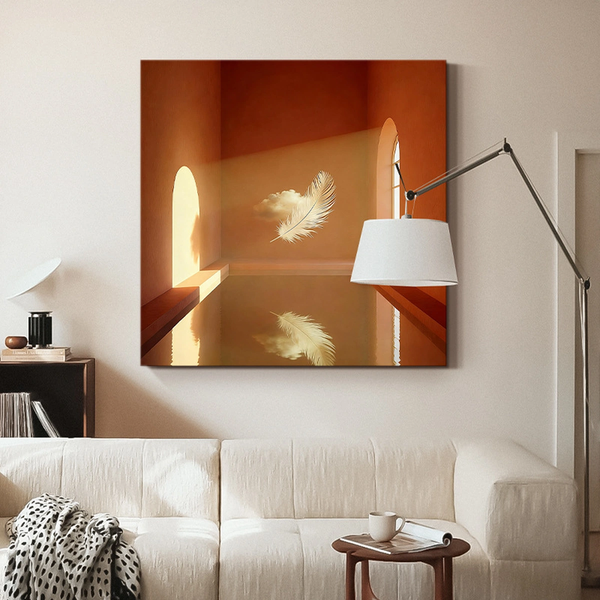 Cloud Drift square abstract oil painting displayed unframed above a light sofa