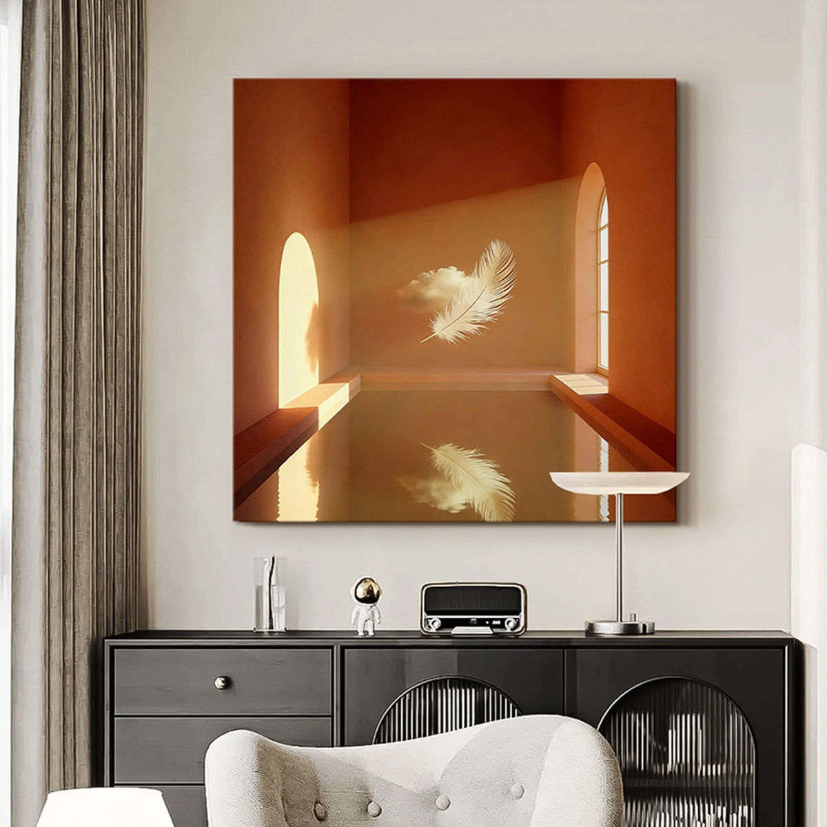Cloud Drift hand-painted abstract artwork displayed unframed above a dark console