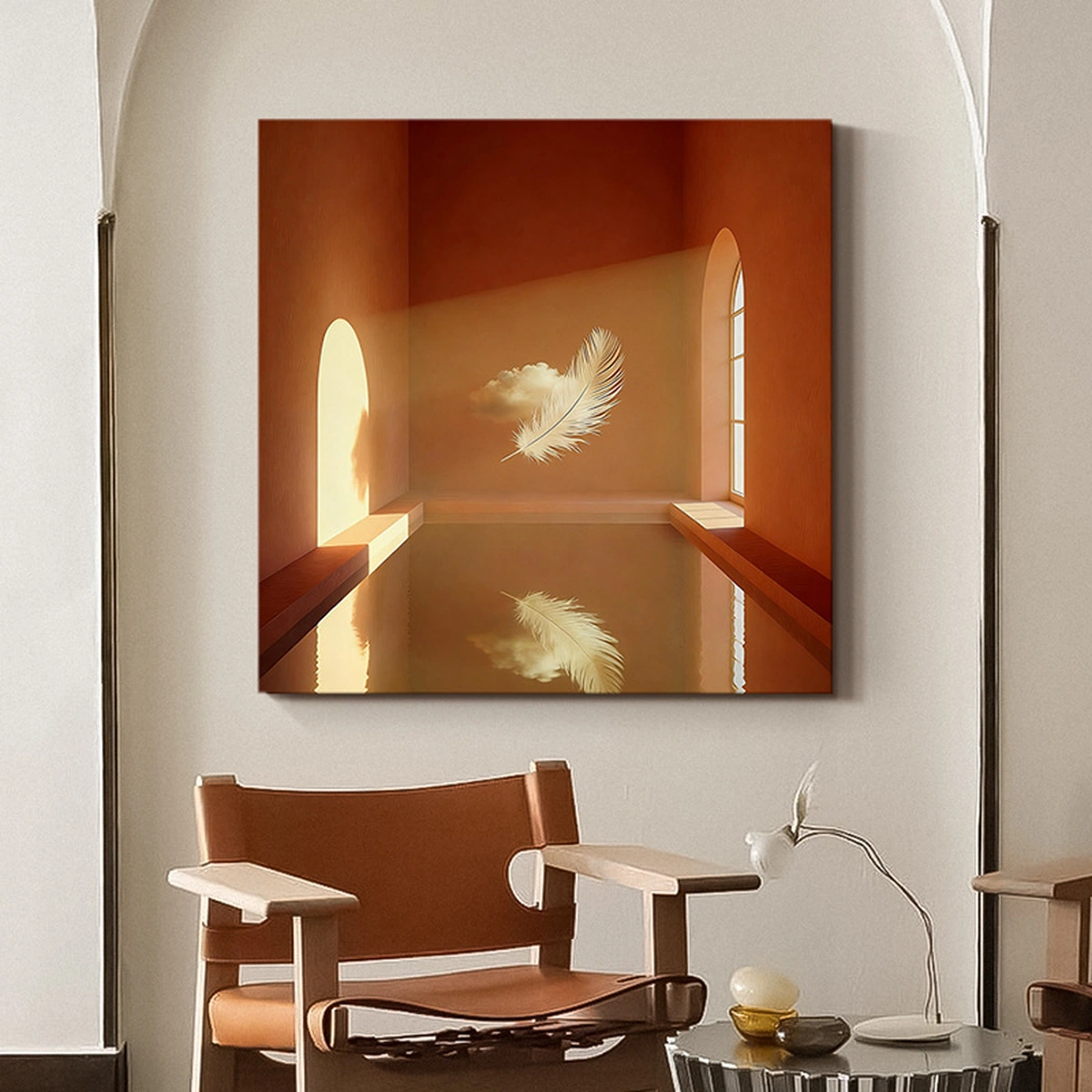Cloud Drift square modern oil painting displayed unframed in a quiet seating area