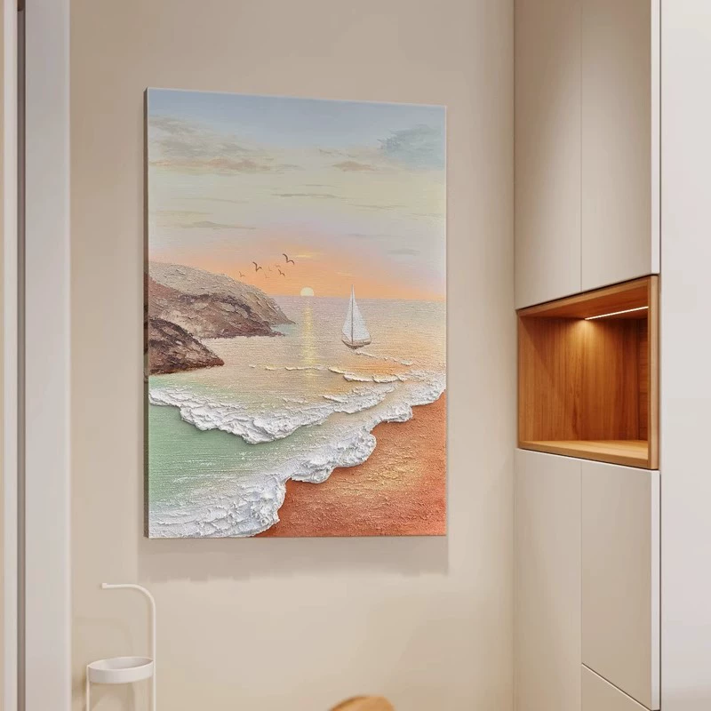 Coastal wall art shown in a quiet bedroom setting