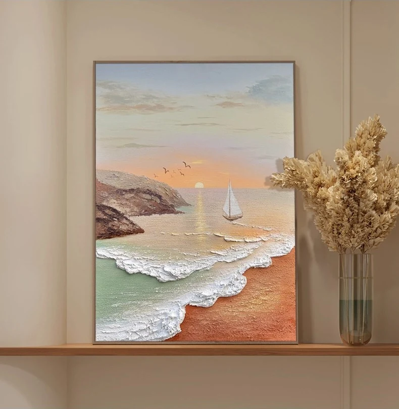 Coastal wall art shown in a calm office interior
