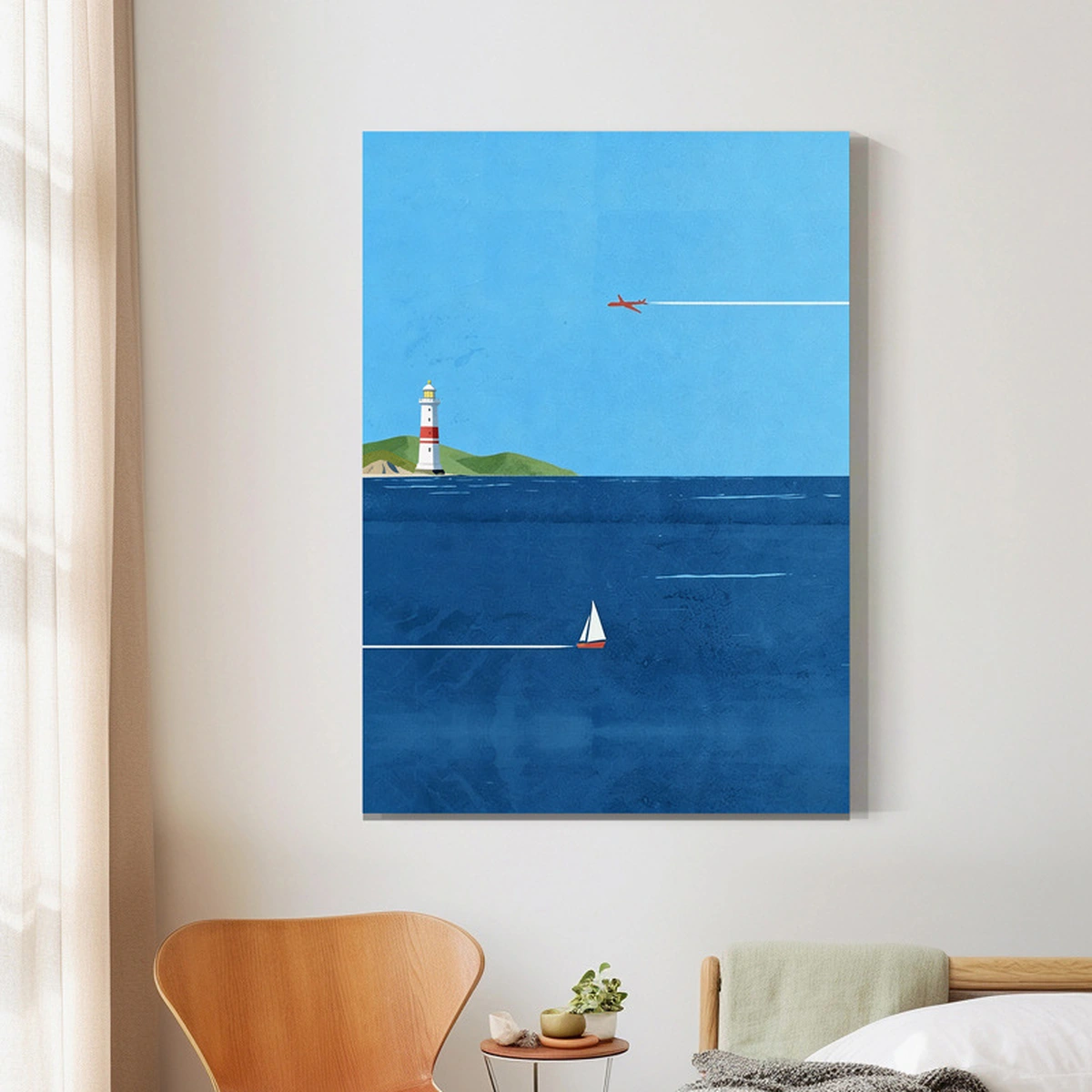 Coastal Stillness blue seascape displayed unframed in a light living room