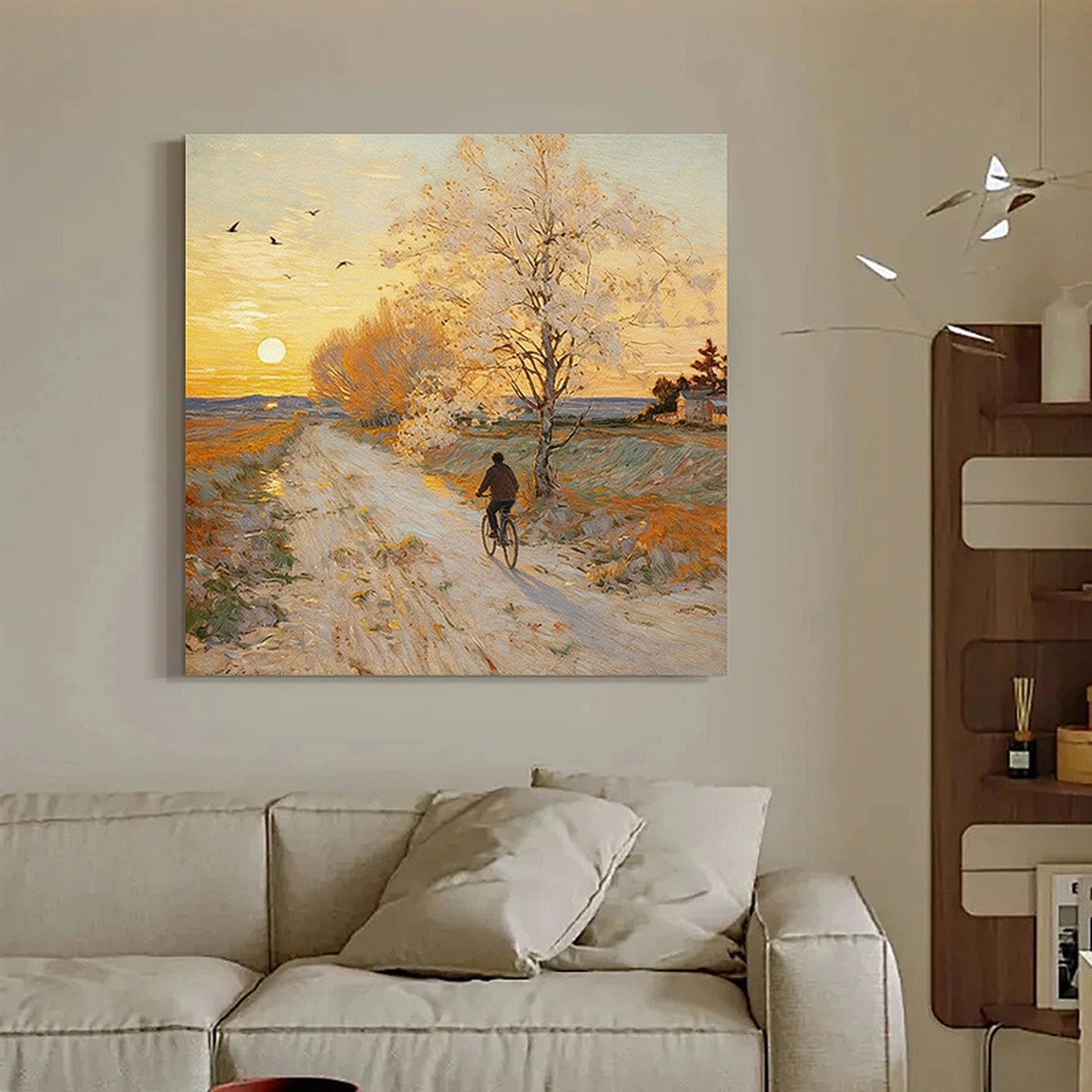 Dawn Glow square sunrise landscape displayed unframed above a light sofa