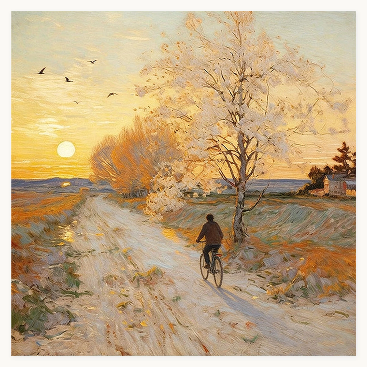 Dawn Glow square sunrise landscape oil painting with a cyclist on a country path