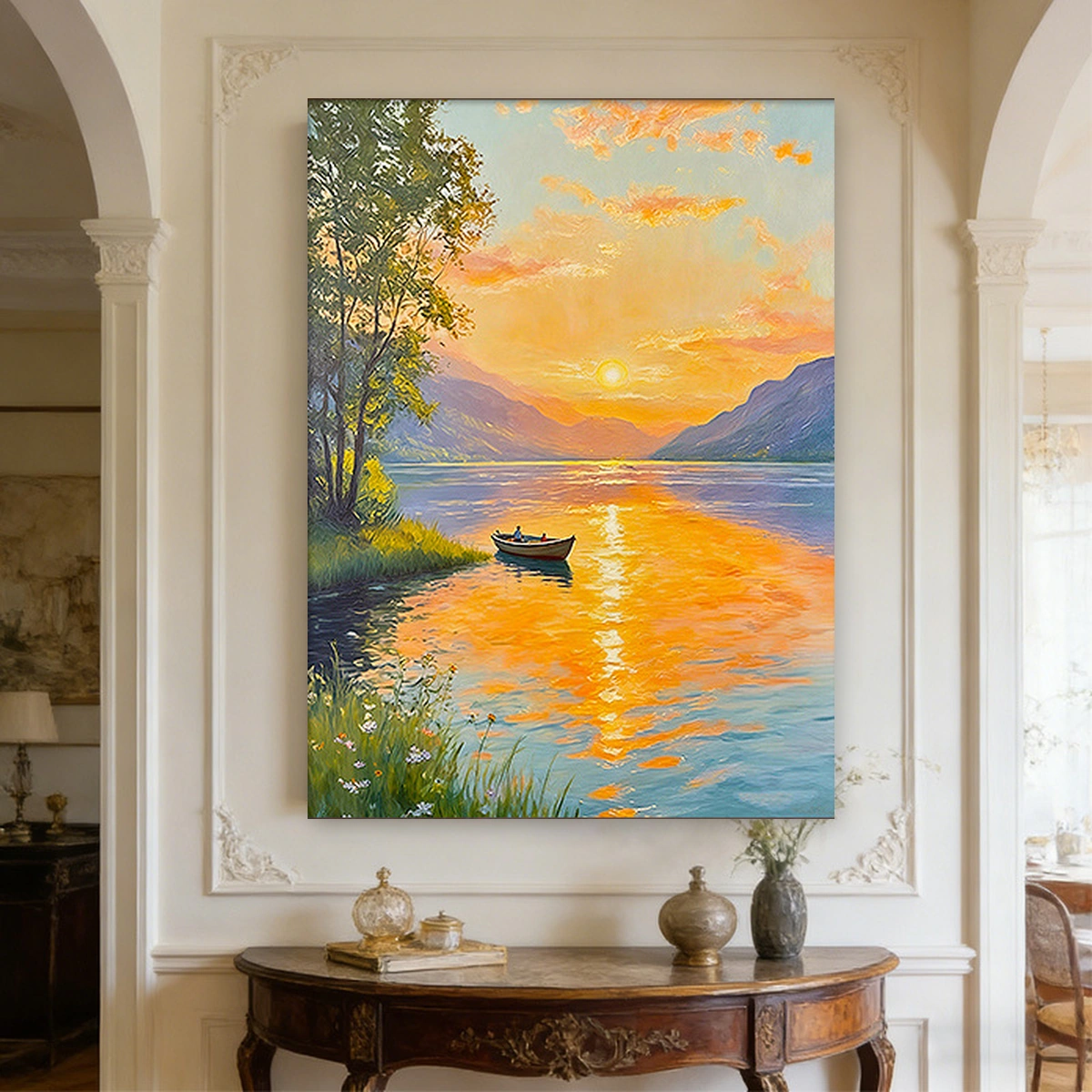 Daybreak Vista vintage-inspired landscape oil painting displayed unframed above a console table