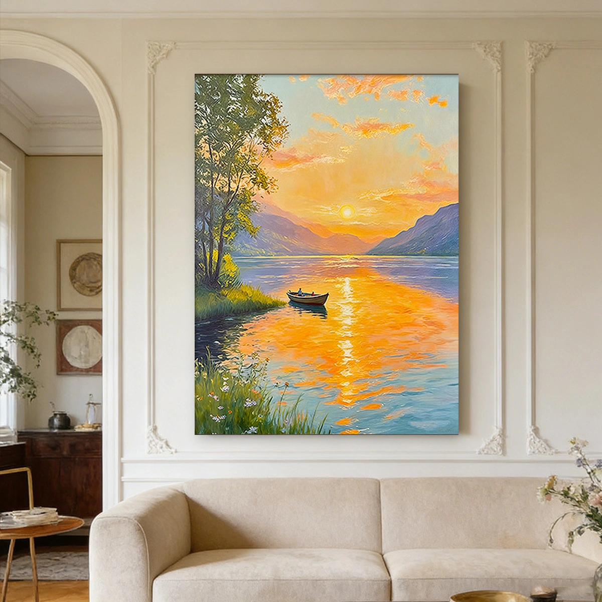 Daybreak Vista vintage-inspired landscape oil painting displayed unframed above a reading chair
