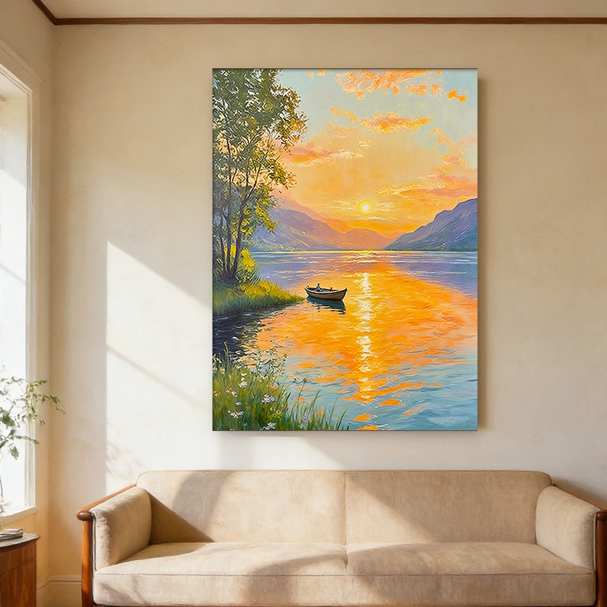 Daybreak Vista vintage-inspired landscape oil painting displayed unframed in a bright entryway