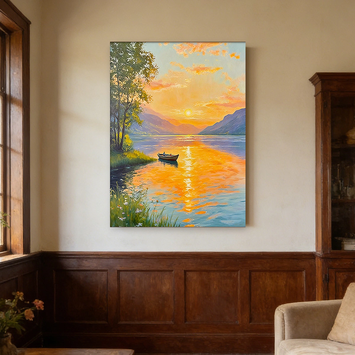 Daybreak Vista vintage-inspired landscape oil painting displayed unframed above a dining table