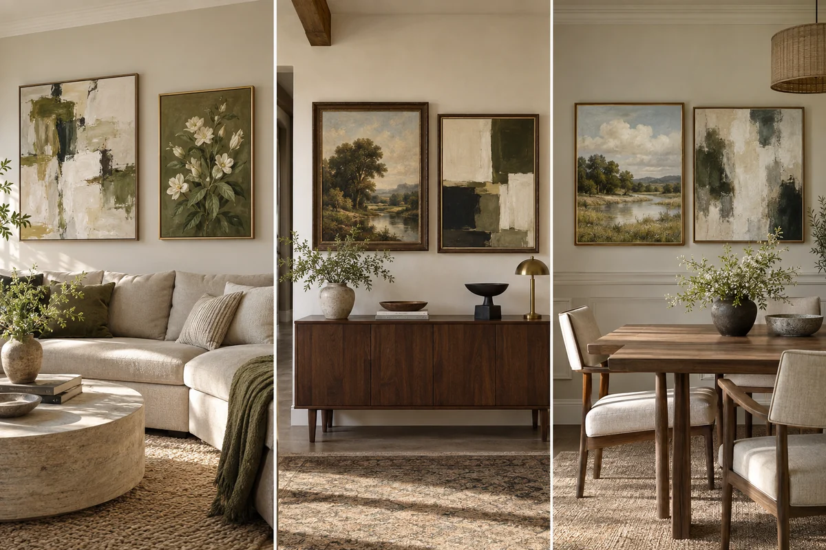Editorial visualization of three rooms linking different art styles through color, frame tone and visual weight
