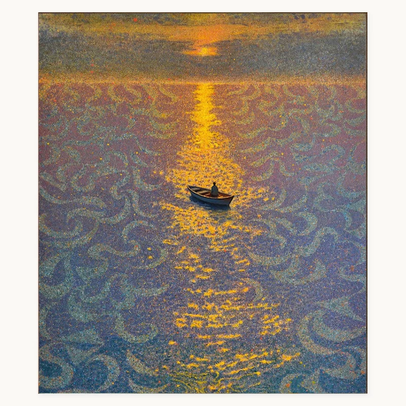 Eastern Haze portrait landscape oil painting with sunset reflection and boat
