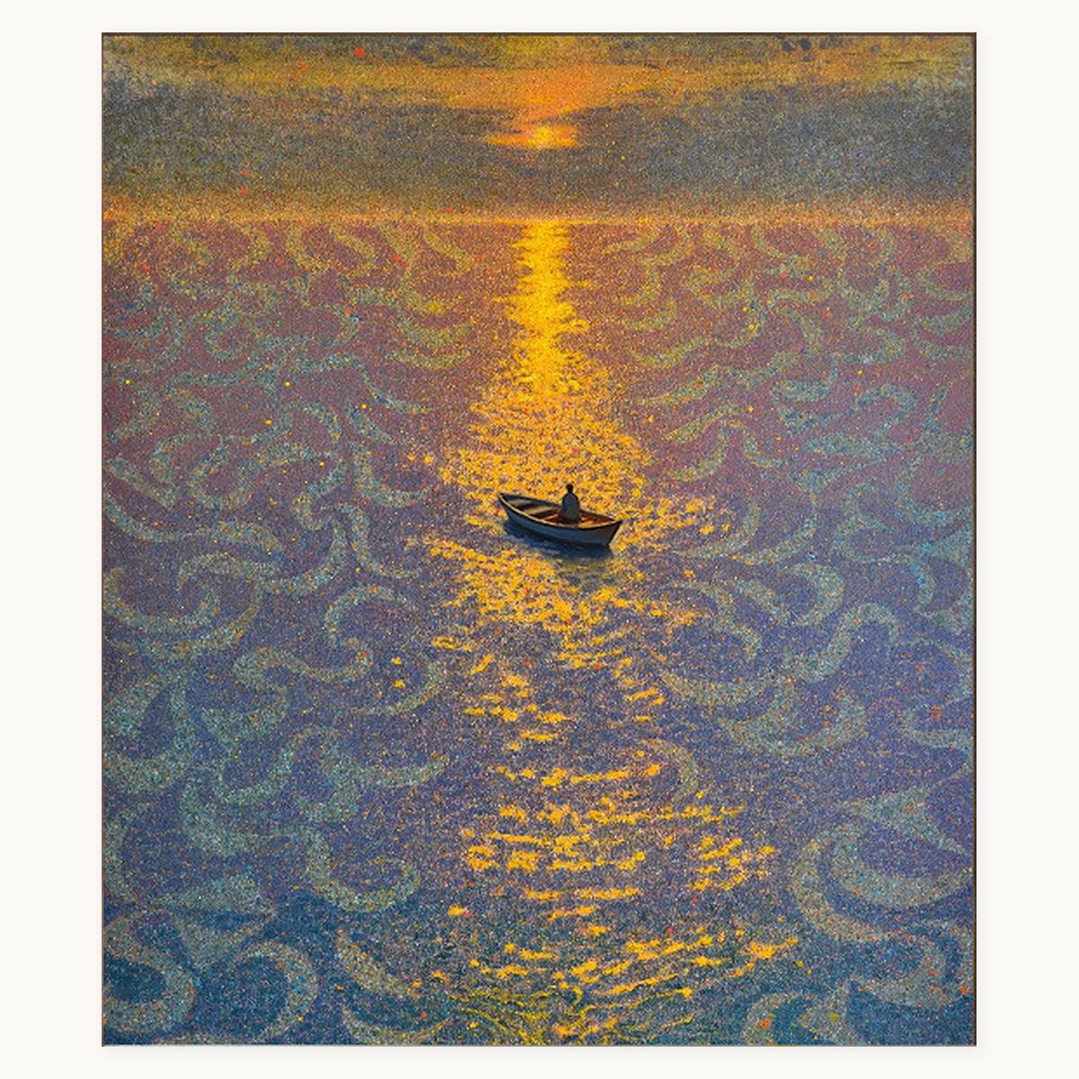 Eastern Haze portrait landscape oil painting with sunset reflection and boat