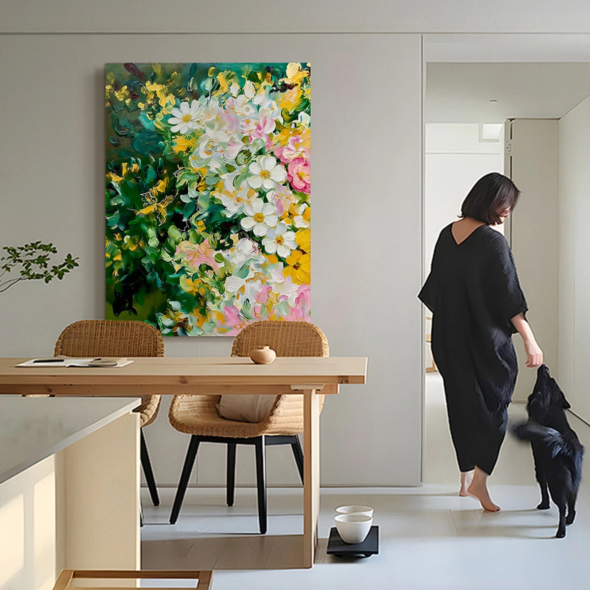 Emerald Bloom botanical painting displayed unframed beside a dining table