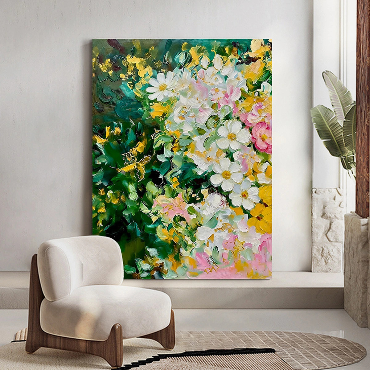 Emerald Bloom floral painting displayed unframed beside a lounge chair