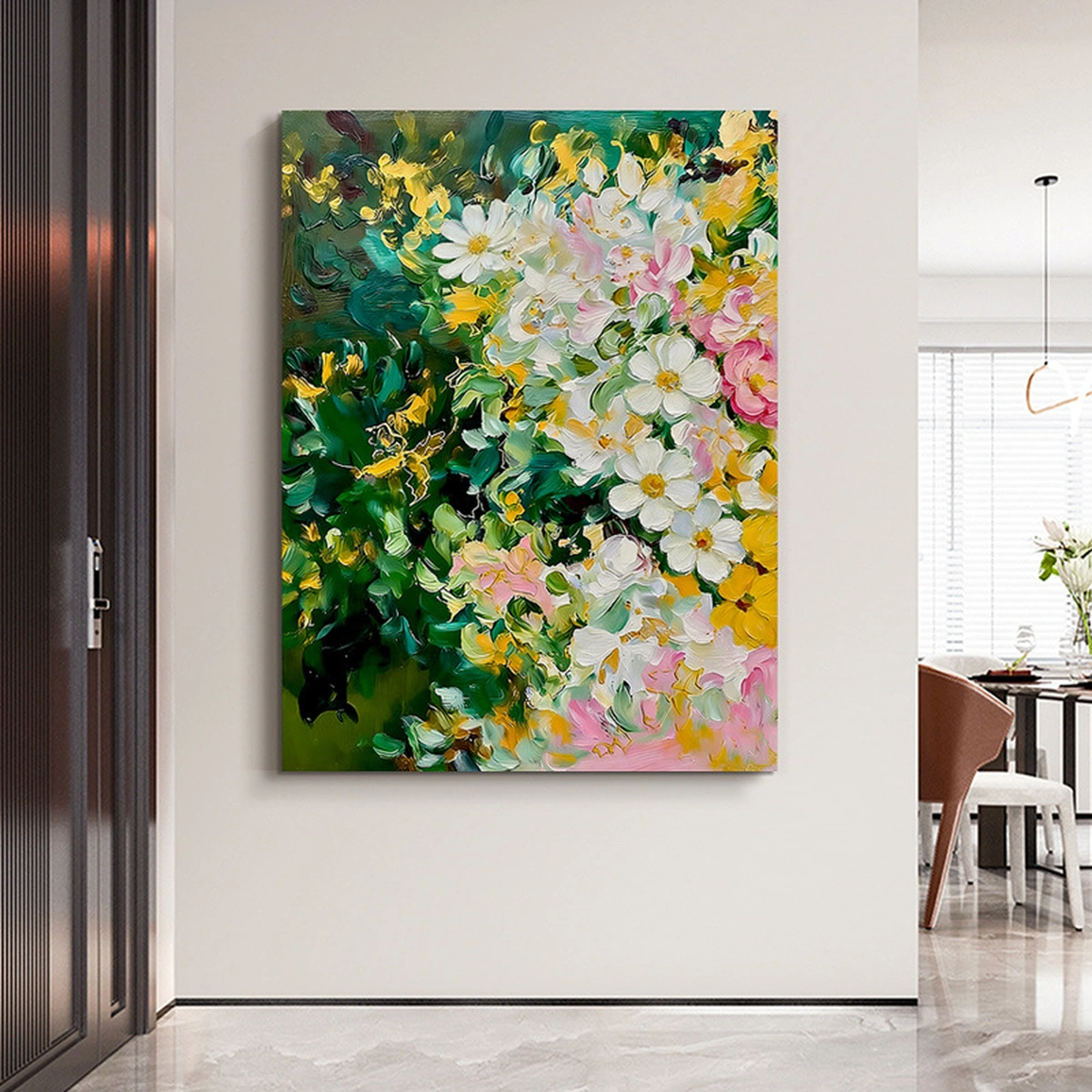 Emerald Bloom hand-painted botanical painting displayed unframed in an entryway