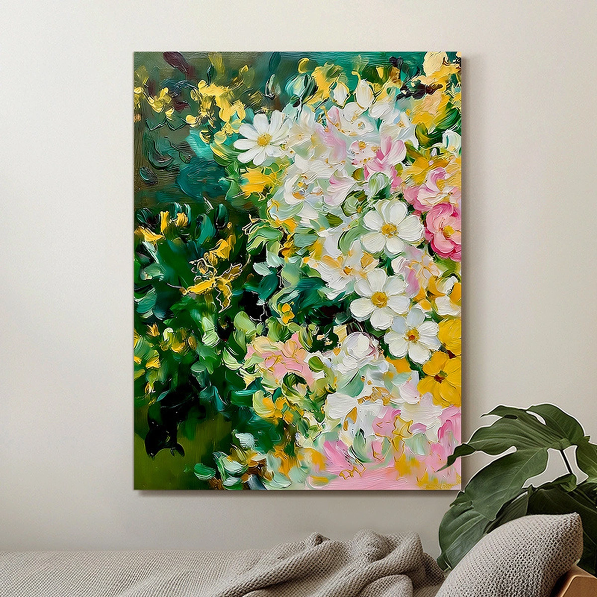 Emerald Bloom portrait floral painting displayed unframed in a quiet interior