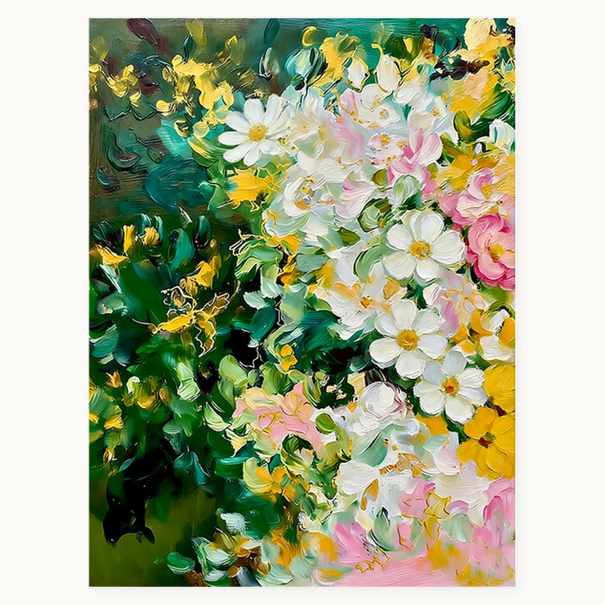 Emerald Bloom portrait botanical oil painting with white and pink flowers