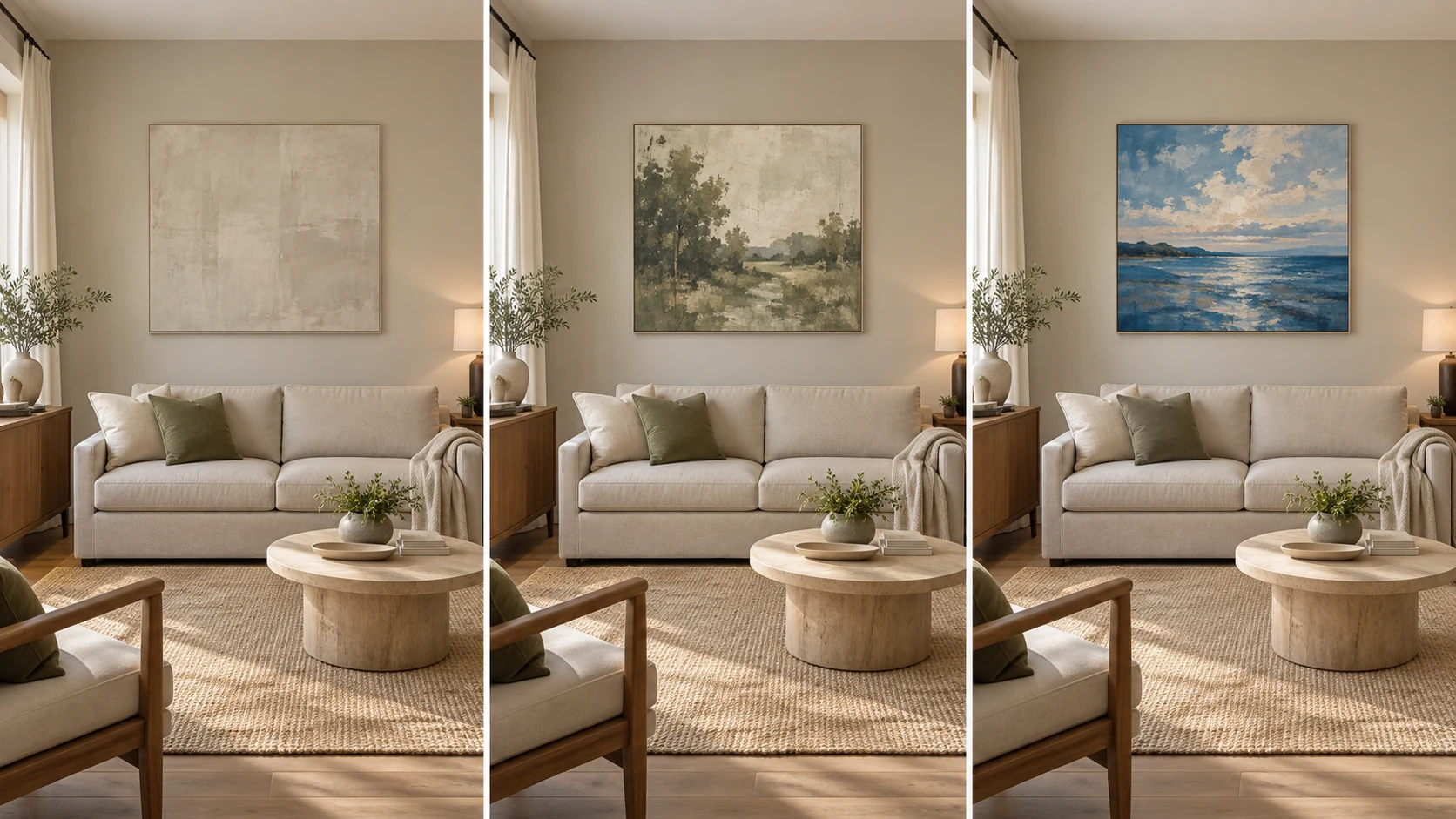 Three versions of the same living room comparing low-separation, connected and intentionally contrasting artwork
