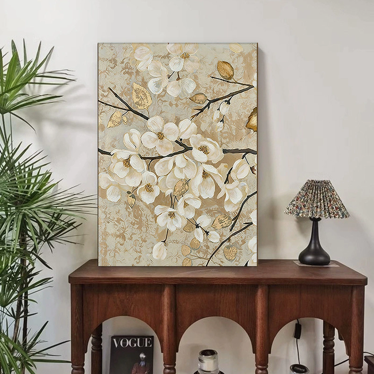 Garden Flourish botanical oil painting displayed unframed above a console table