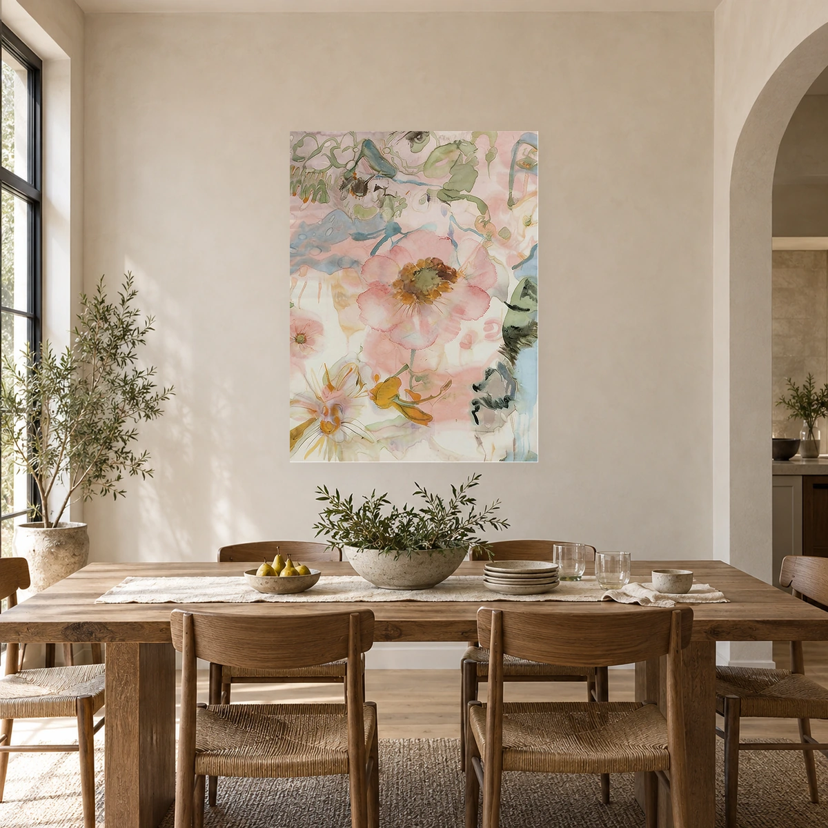 Garden Pulse hand-painted canvas artwork in a neutral dining room
