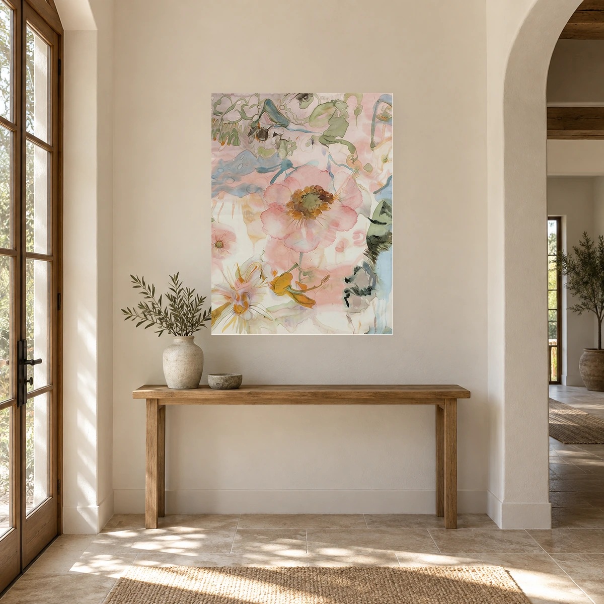 Garden Pulse textured abstract botanical painting above an entryway console